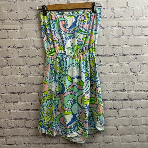 Lilly Pulitzer Windsor Strapless Dress Blue Pink Conch Republic Small Cotton - Picture 5 of 8
